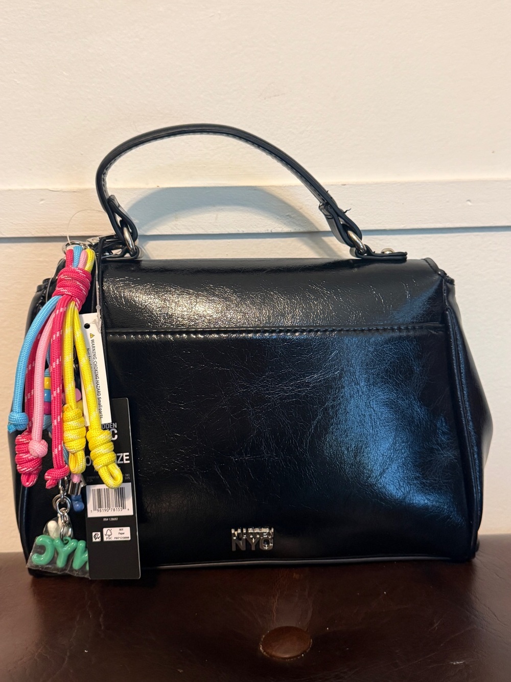 NYC Black Satchel with Multicolor Tassel Charm